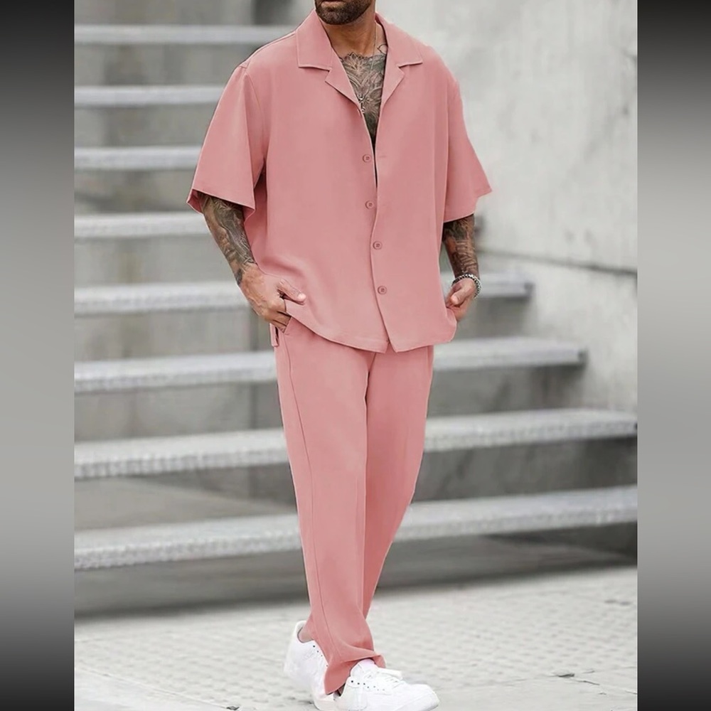 Homme Men's Loose Fit Solid Color Lapel Neck Shirt & Pants Set